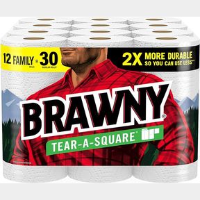 Brawny Tear-A-Square Paper Towels, 12 Family Rolls = 30 Regular Rolls, 2X More Durable*, 3 Sheet Sizes, Strong and absorbent extra-large rol