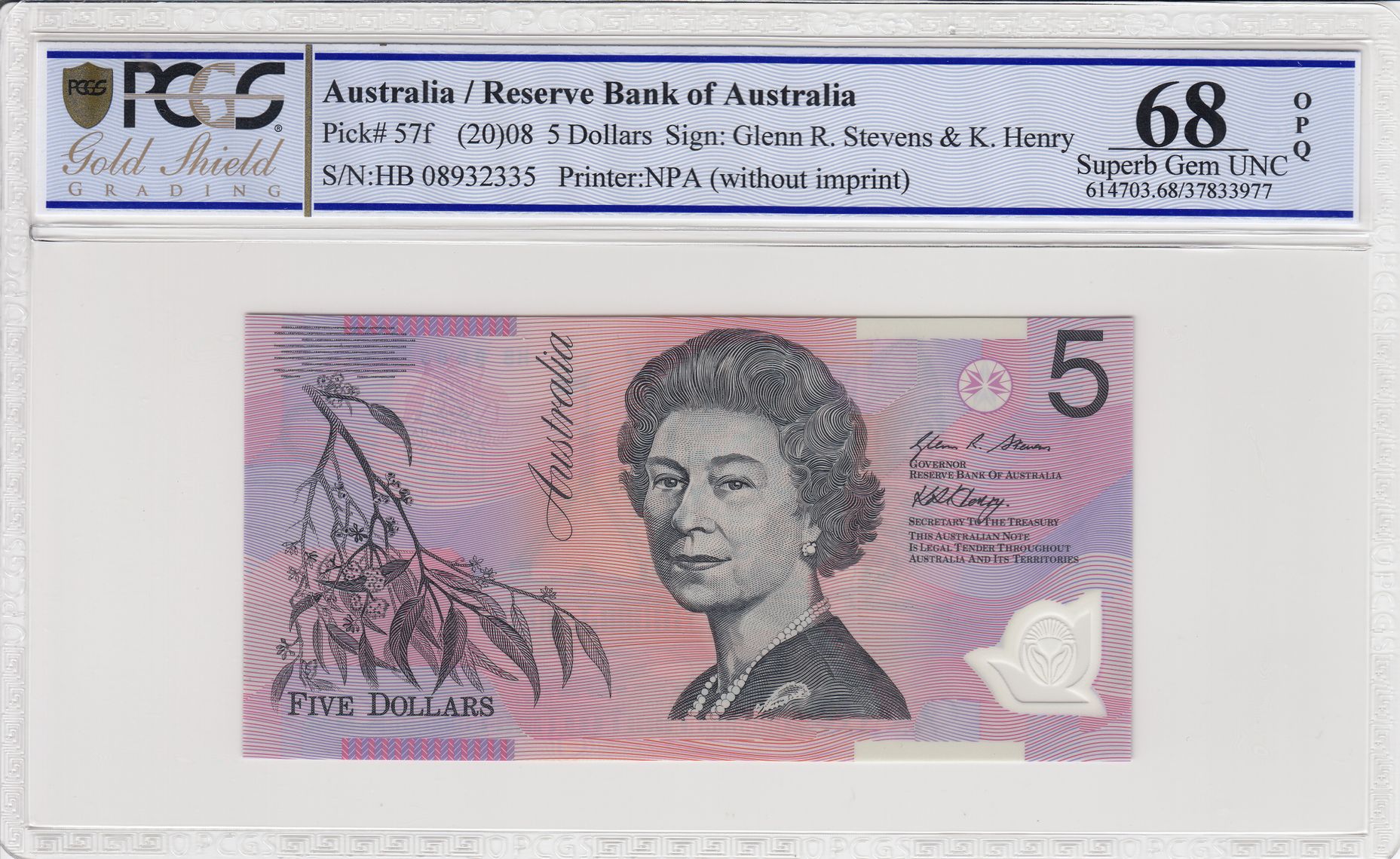 Stevens/Henry, Five Dollar, 2008, PCGS Superb Gem UNC 68 PPQ