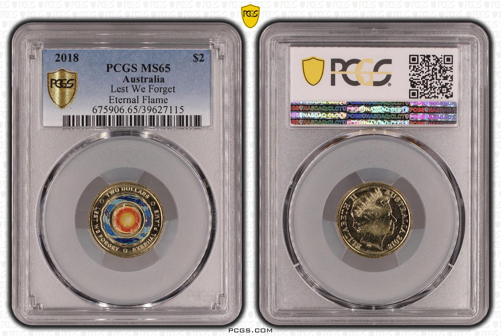 2018 Australia Two Dollar, $2 Lest We Forget - Eternal Flame PCGS - MS65 -115