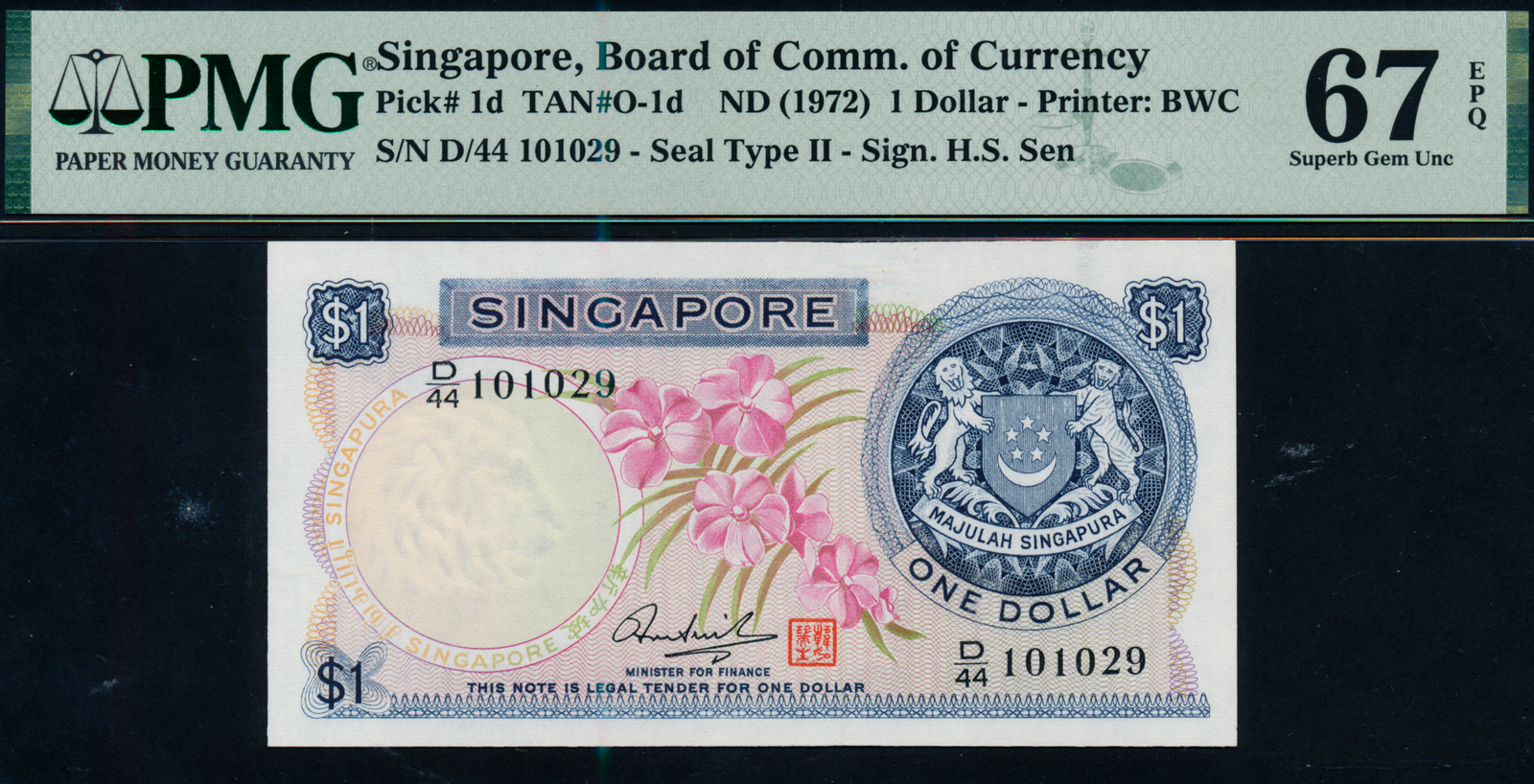 Singapore Orchid 1972 $1 HSS with Seal D/44 101029 PMG 67EPQ High 