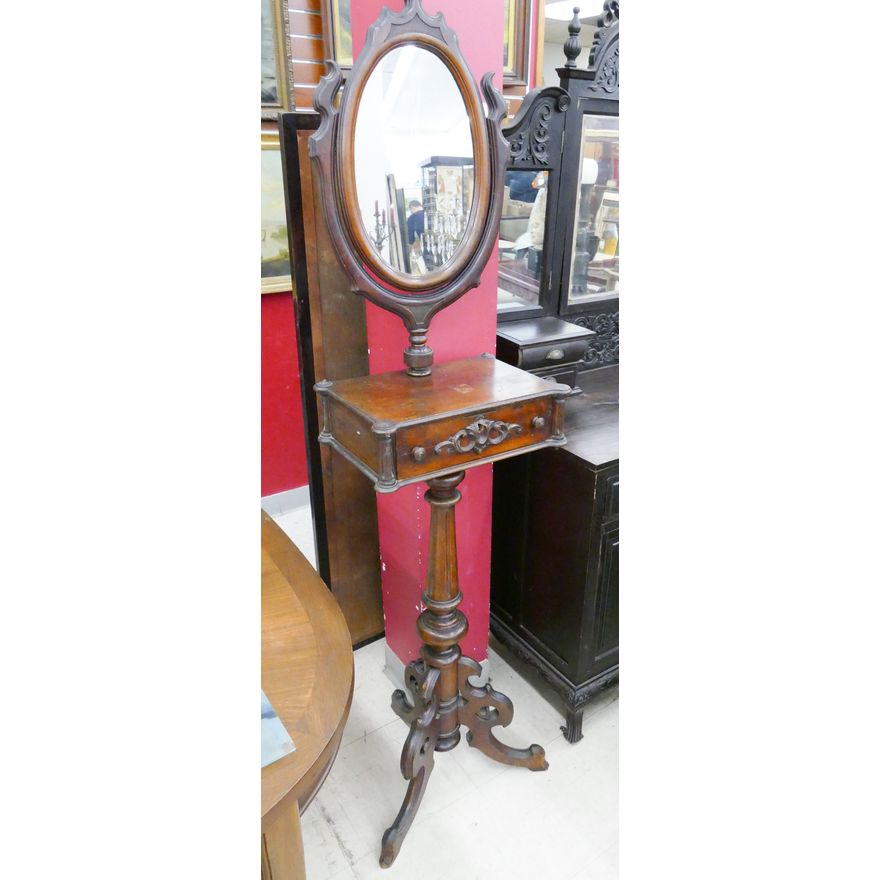 Antique Carved Shaving Stand with Oval Mirror- 70x17x12''