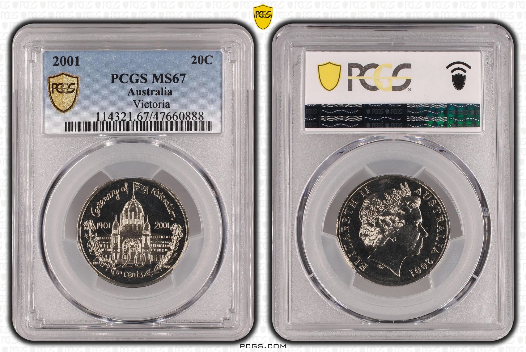 140 · Elizabeth II, Victoria , Twenty Cent, 2001, PCGS MS67