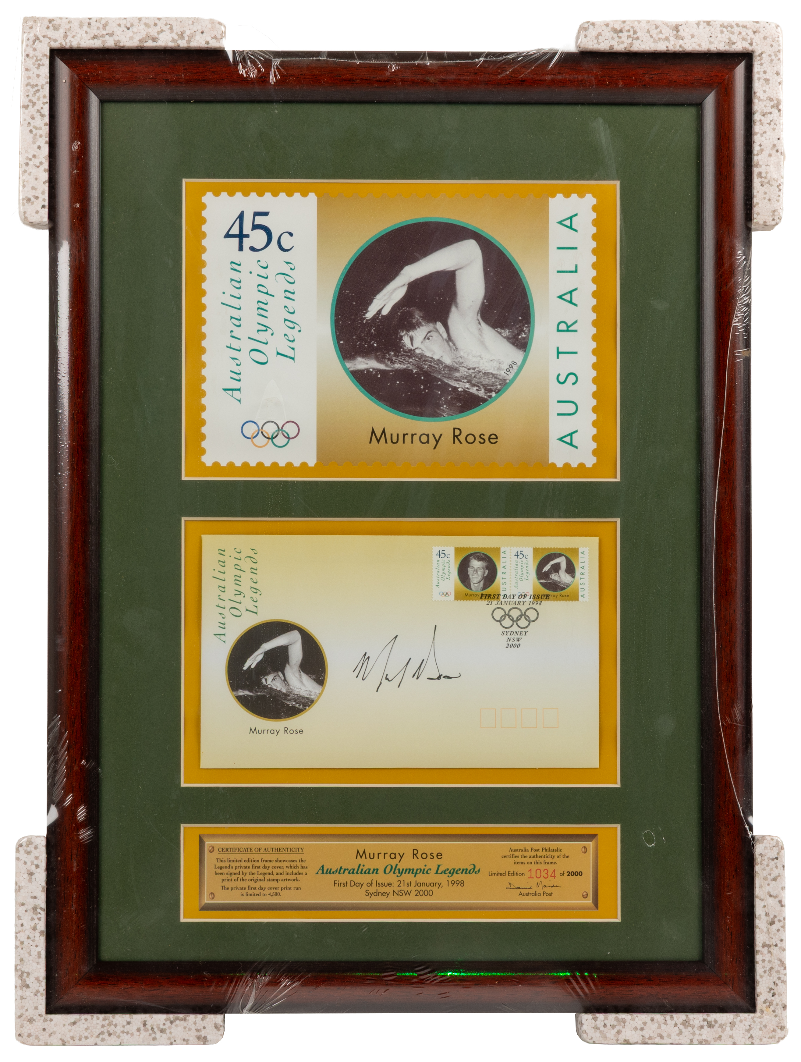 Australia Post - Framed Murray Rose Giant Stamp & First Day Cover, Forty-Five Cents, 1998, UNC