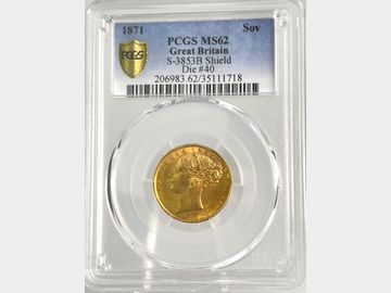 1871 VICTORIA YOUNG HEAD LONDON MINT #DIE 40 SHIELD GOLD SOVEREIGN MS62