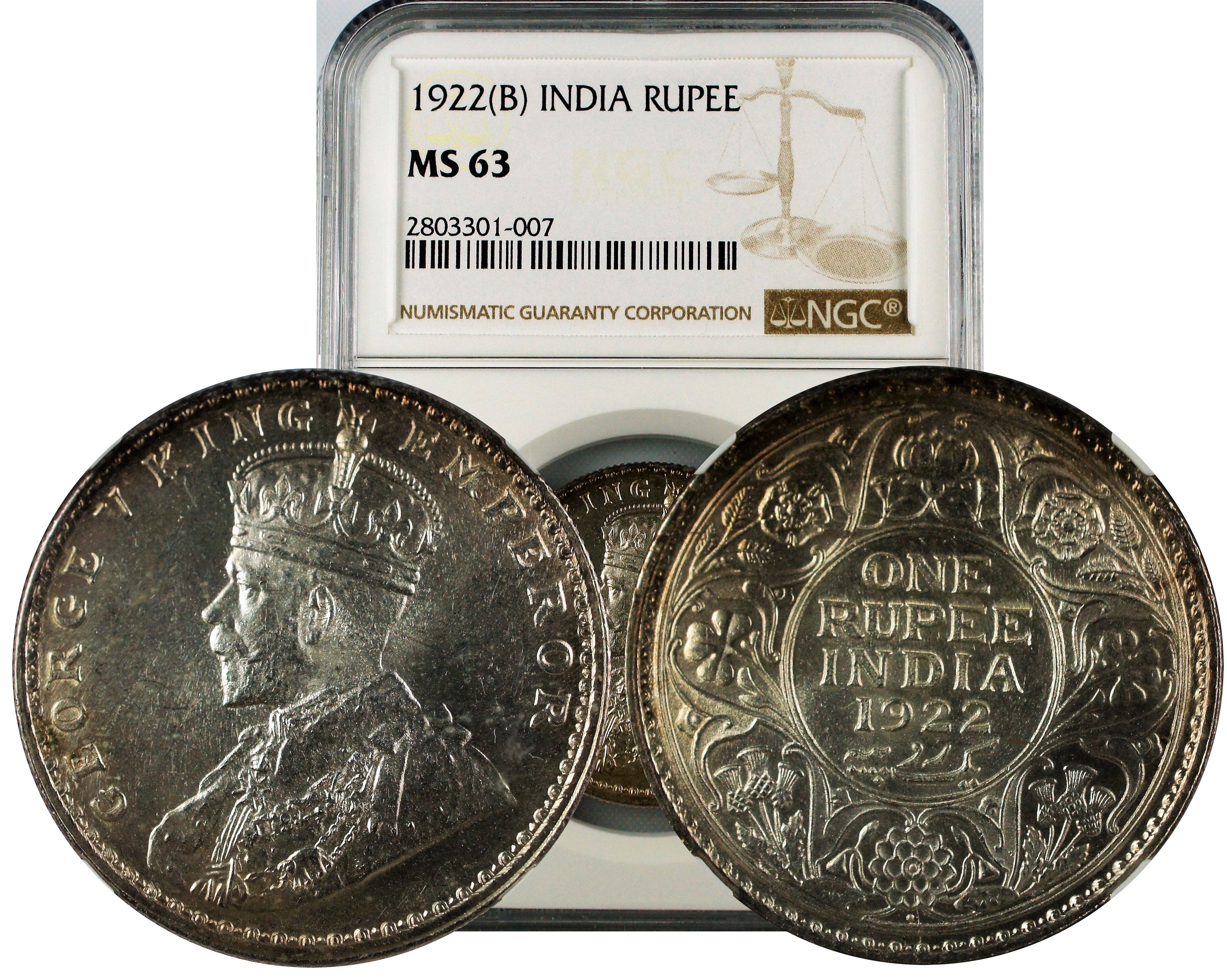 India British 1922 B Rupee NGC MS63