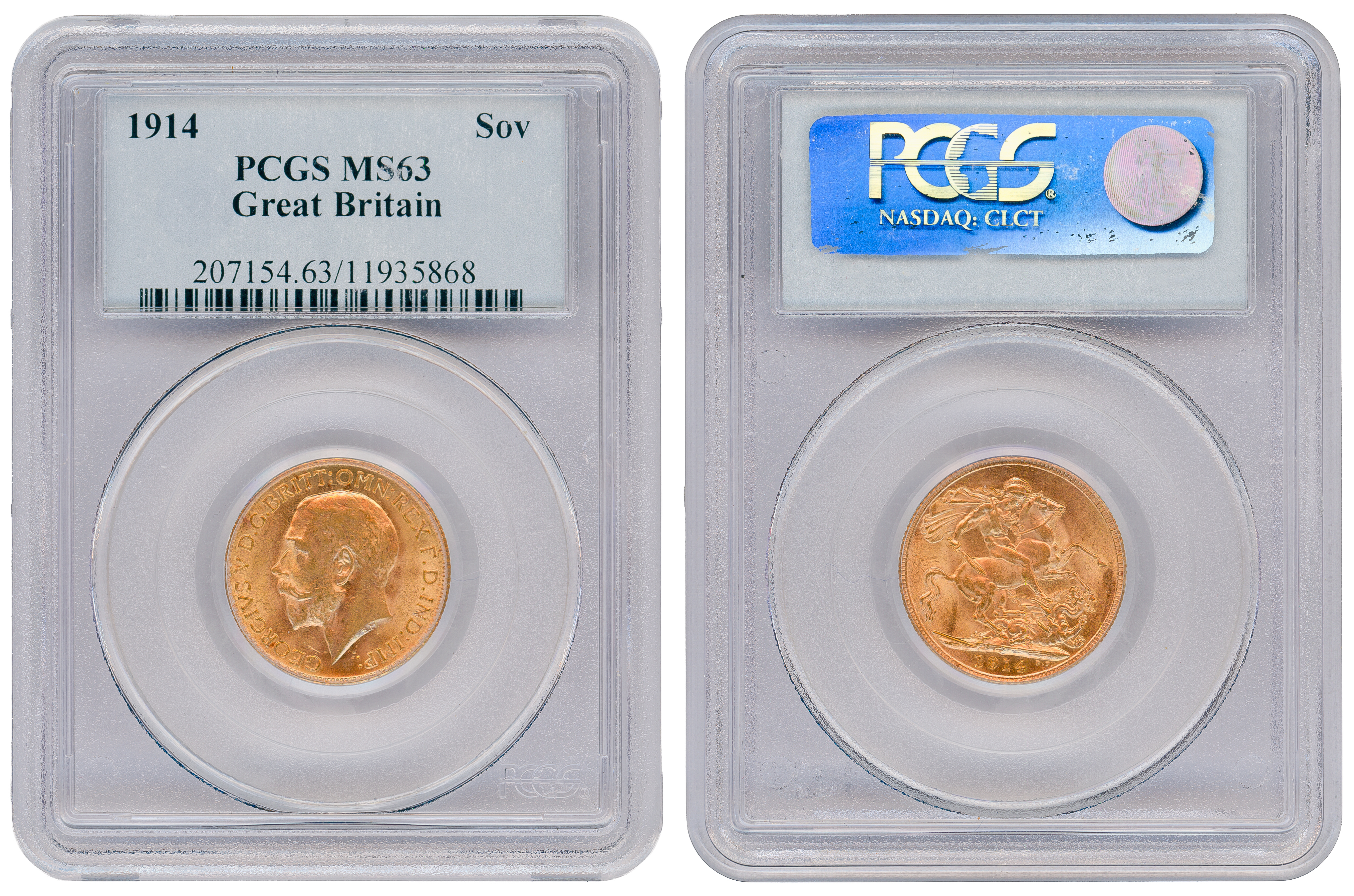 114 · Great Britain, George V, St George Reverse, Sovereign, 1914, PCGS MS63