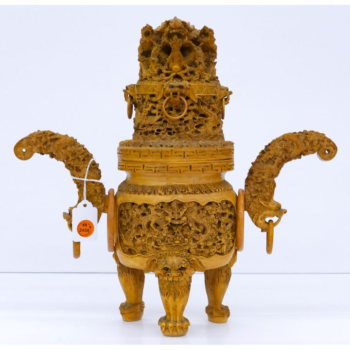 Old Chinese Resin Large Dragon Censer with Ring Handles 13''