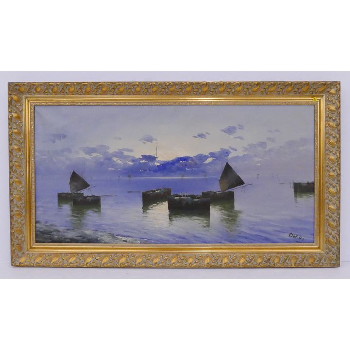 Bardi Italian Lagoon Scene Large Oil Painting- AS IS with tears- in Ornate Gilt Frame- 31x55''