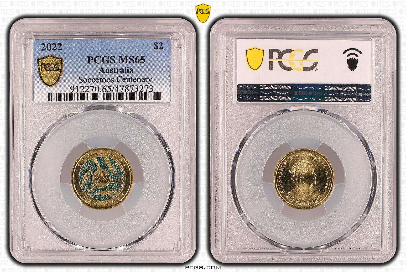 Socceroos Centenary, Two Dollar, 2022, PCGS MS65