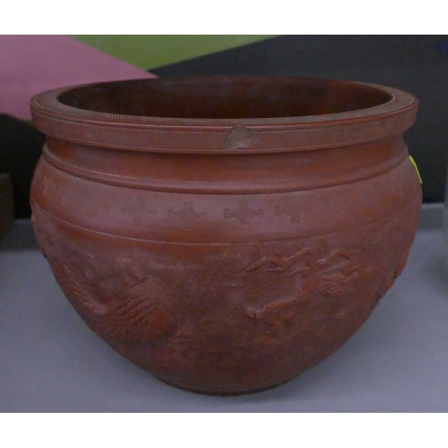 Japanese Red Clay Dragon Jardiniere- some chips- 7''