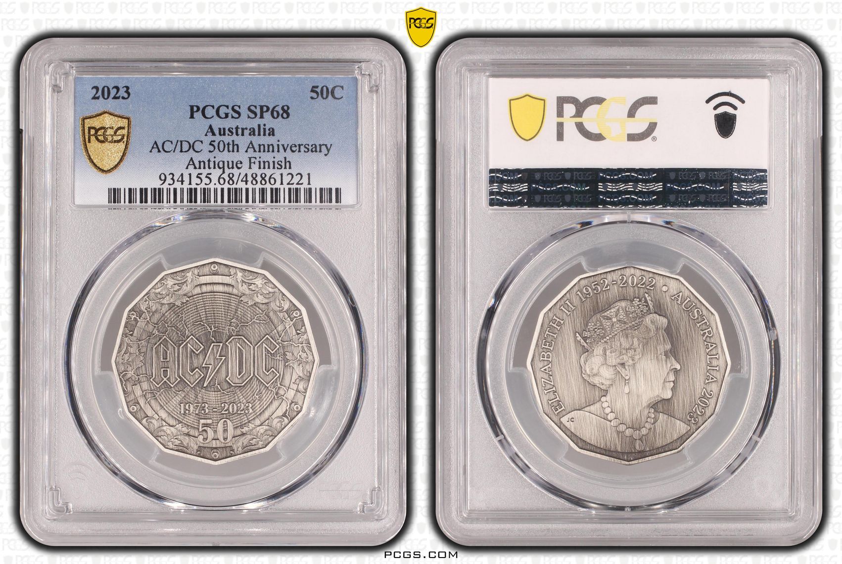 AC/DC 50th Anniversary Antique Finish , Fifty Cent, 2023, PCGS SP68