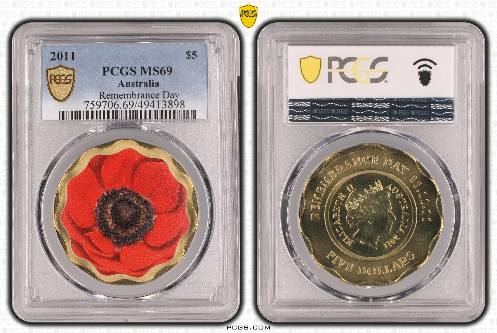 Elizabeth II, Remembrance Day, Five Dollar, 2011, PCGS MS69