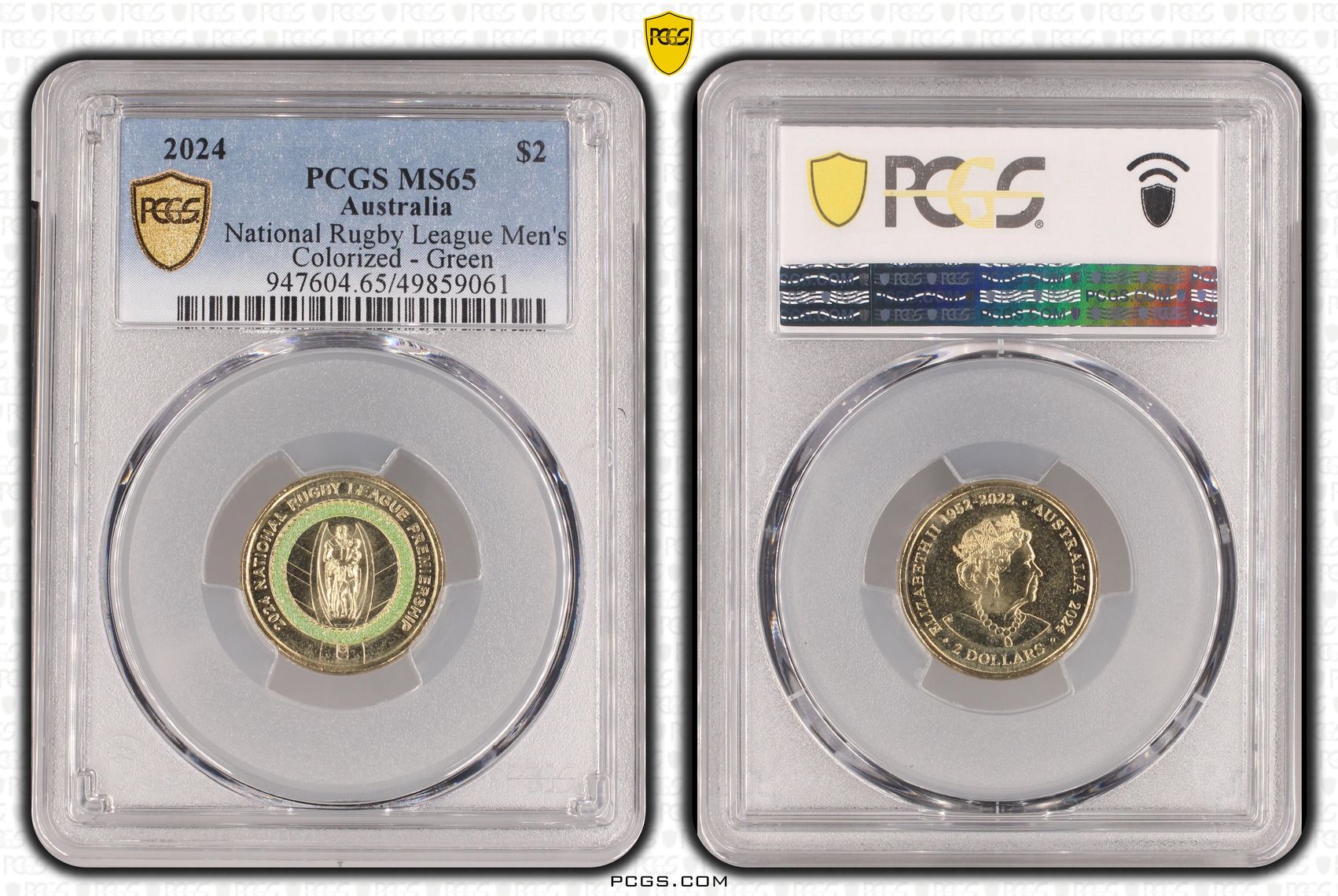 National Rugby League Men's Colourised - Green, Two Dollar, 2024, PCGS MS65