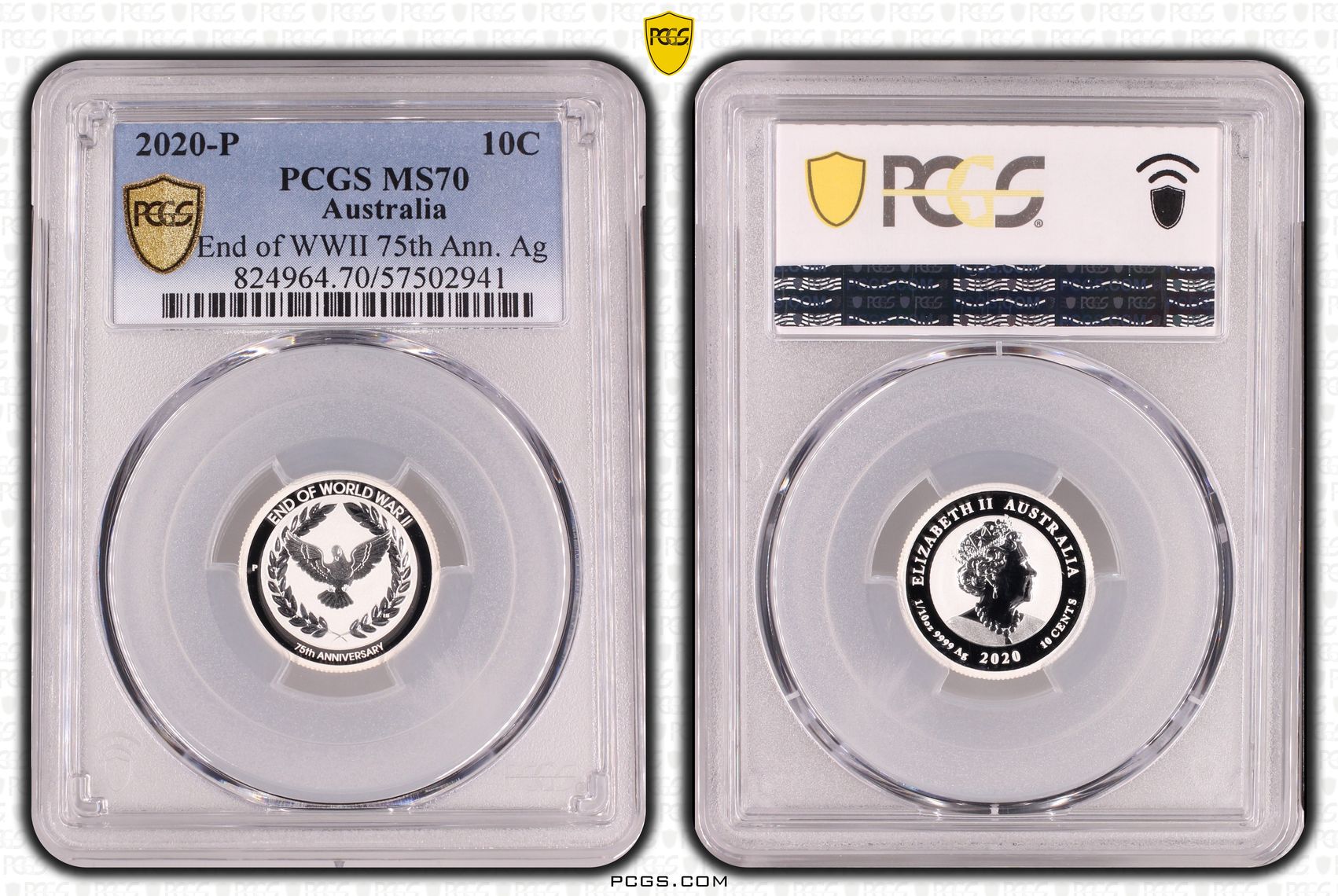 End of WWII 75th Ann. Silver, Ten Cent, 2020-P, PCGS MS70