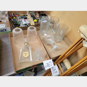 2 Boxes of beer mugs, globes and whiskey bottle