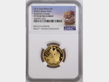 2020 ELIZABETH II 'MAYFLOWER VOYAGE' PROOF GOLD 25 POUND PF70 UCAM TOP POP!