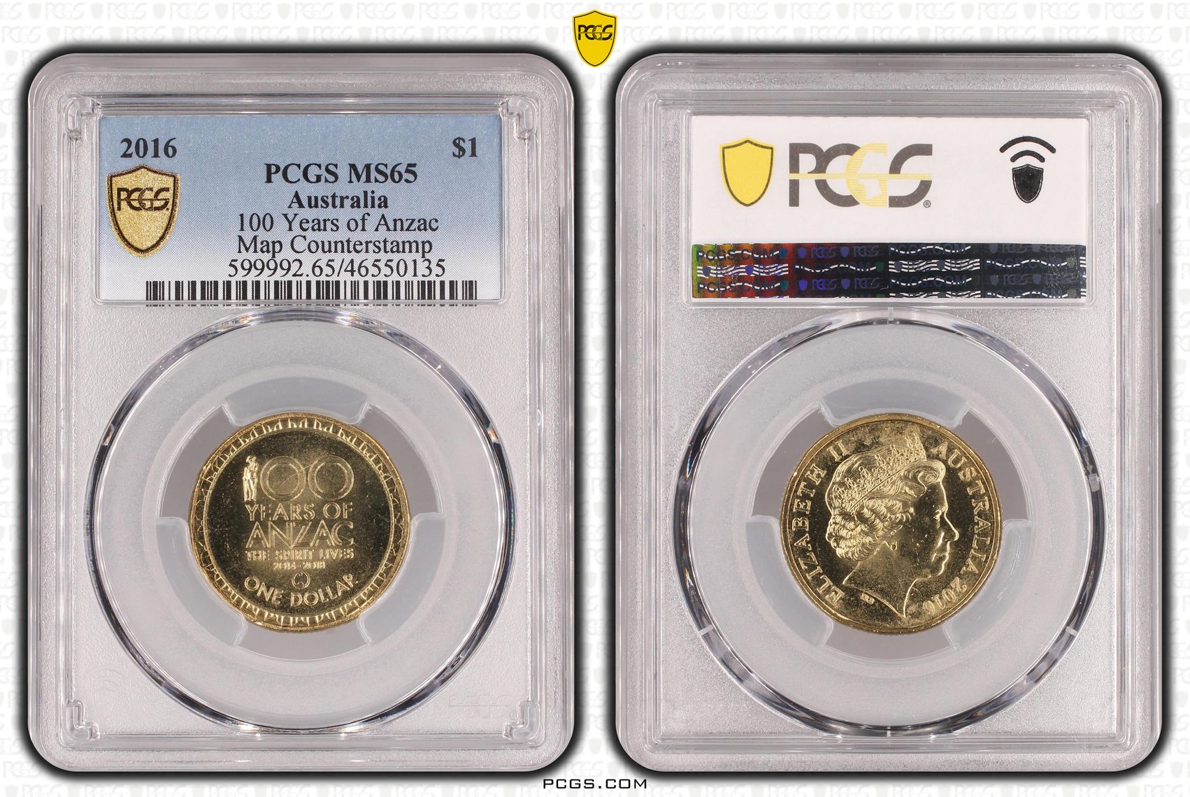 100 Years of Anzac, Map Counterstamp, One Dollar, 2016, PCGS MS 65