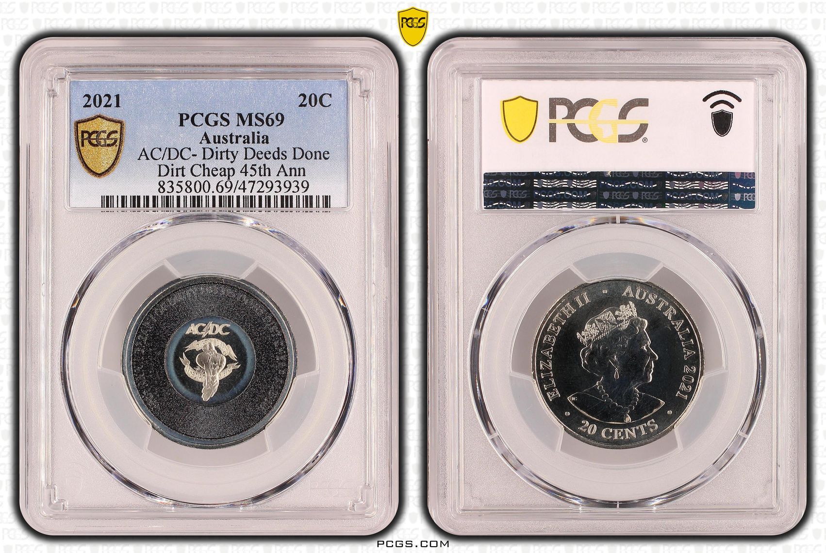 68 · AC/DC- Dirty Deeds Done Dirt Cheap 45th Anniversary, Twenty Cent, 2021, PCGS MS69