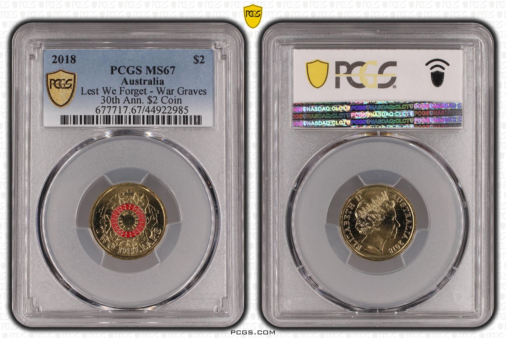 2018 Australia Two Dollar, $2 Lest We Forget - War Graves 30th Ann. $2 Coin PCGS - MS67 -985