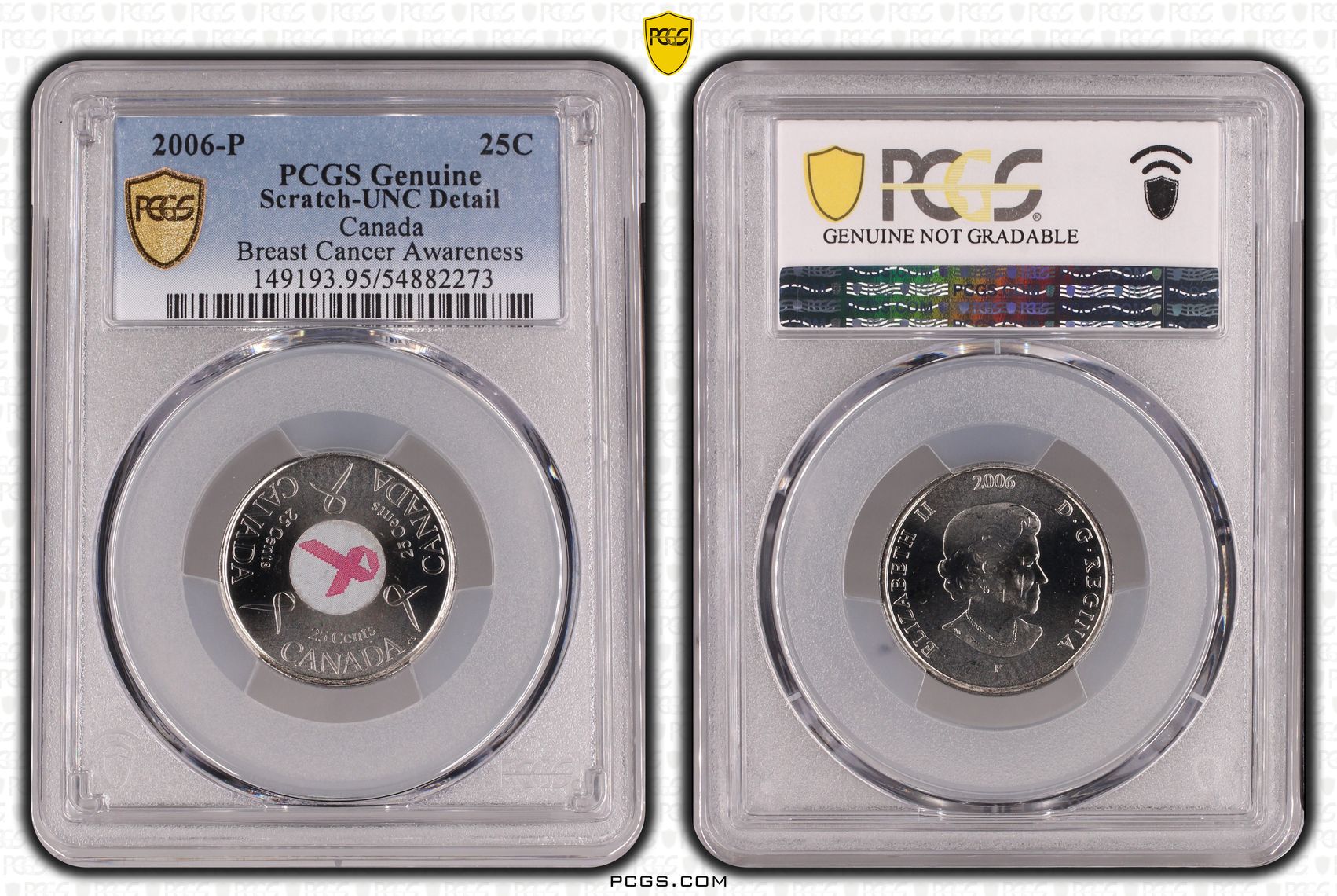 Canada, Breast Cancer Awareness Colorized, Twenty Five Cent, 2006-P, PCGS Genuine - UNC Details (95 - Scratch)