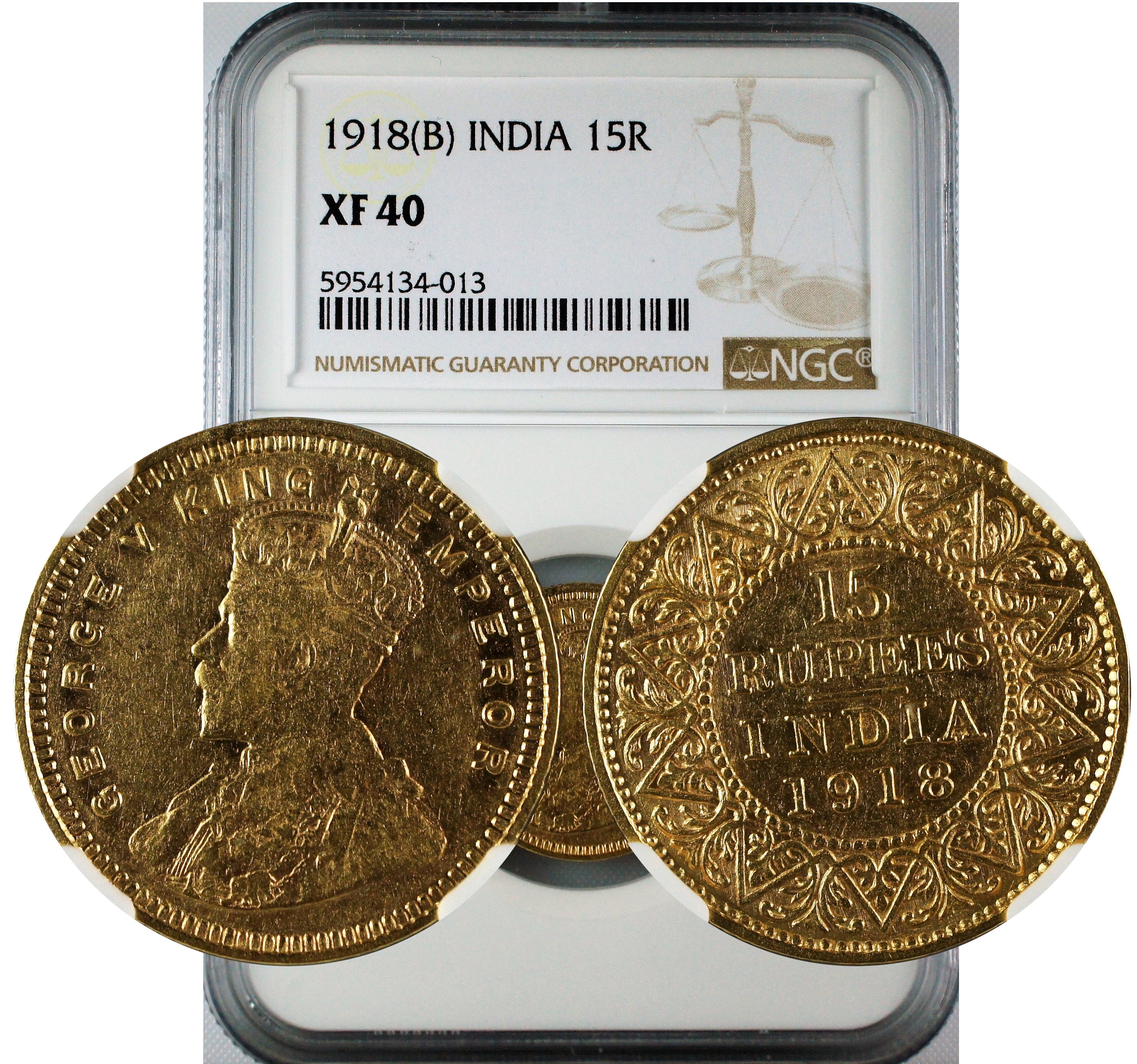 India 1918 B Gold 15 Rupee NGC XF40