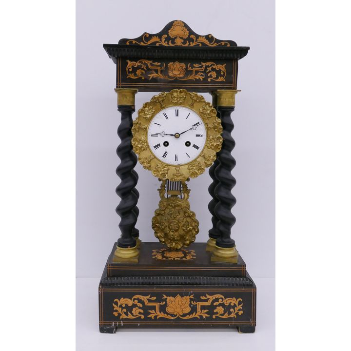 Antique European Inlaid Case Portico Clock- As Is- 20x9''