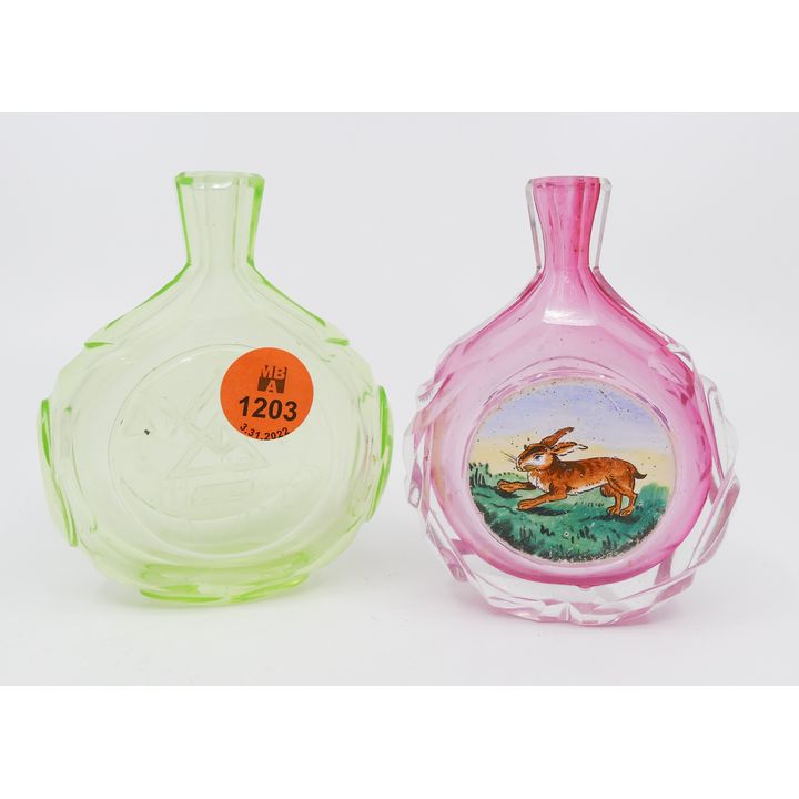 2pc Antique Colored Bohemian Glass Flask Perfumes- 3.5'' w/ some edge roughness