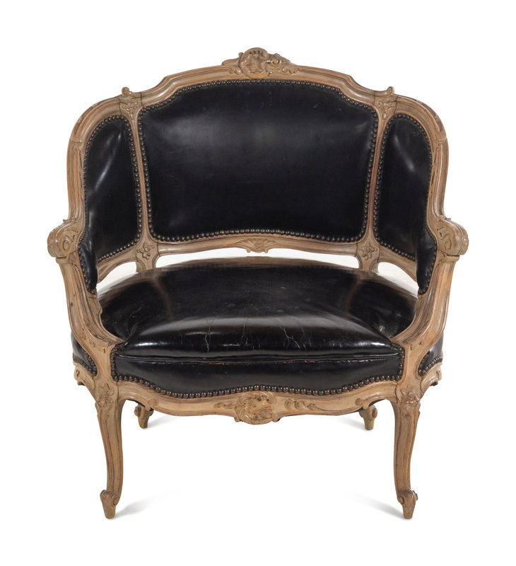 A Louis XV Style Painted and Black Leather Upholstered Bergère 