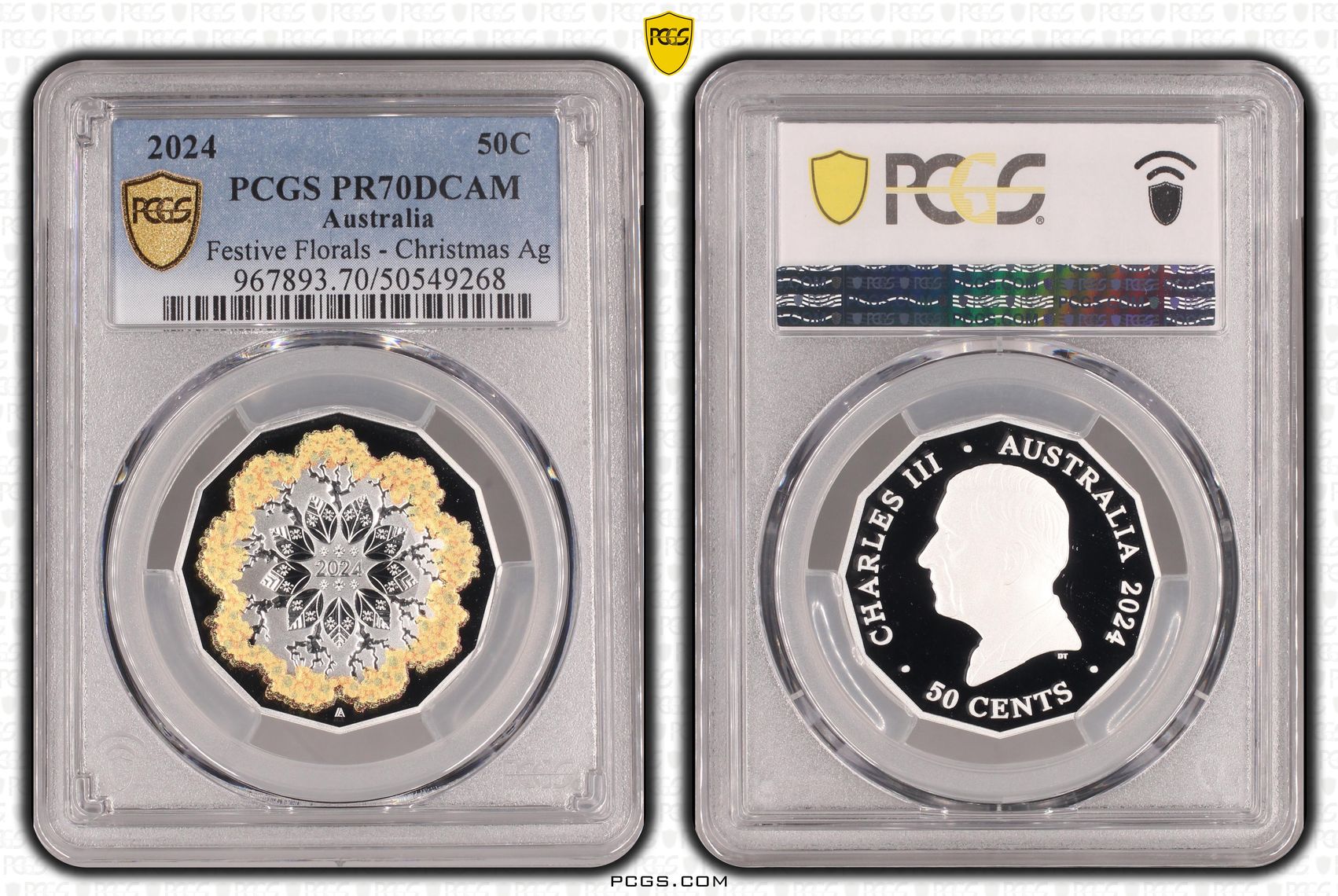 Festive Florals - Christmas Ag Colorized, POP 8/0, Fifty Cent, 2024, PCGS PR70DCAM