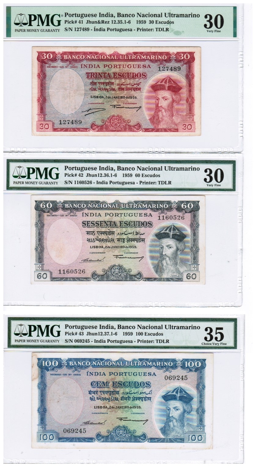 Portuguese India Banco National Ultramarino Lot of 3 notes, 30-60-100 Escudos