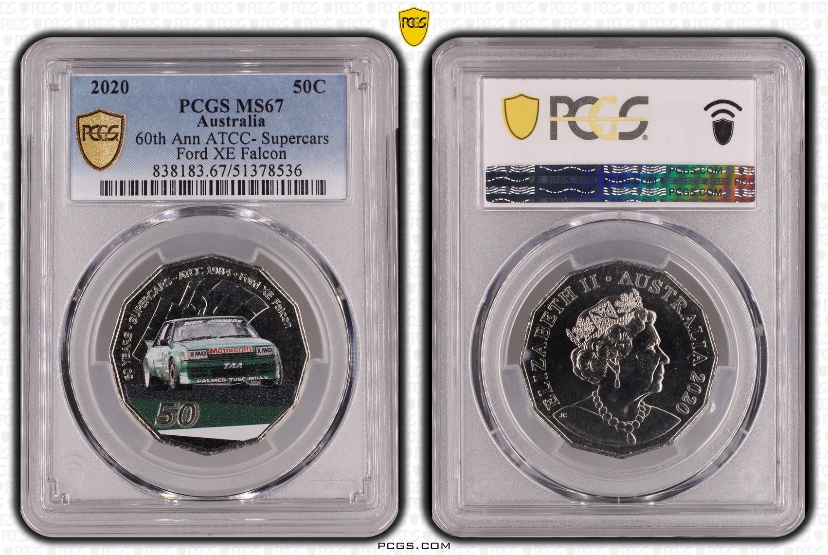 60th Ann ATCC- Supercars Ford XE Falcon Colorized, Fifty Cent, 2020, PCGS MS67