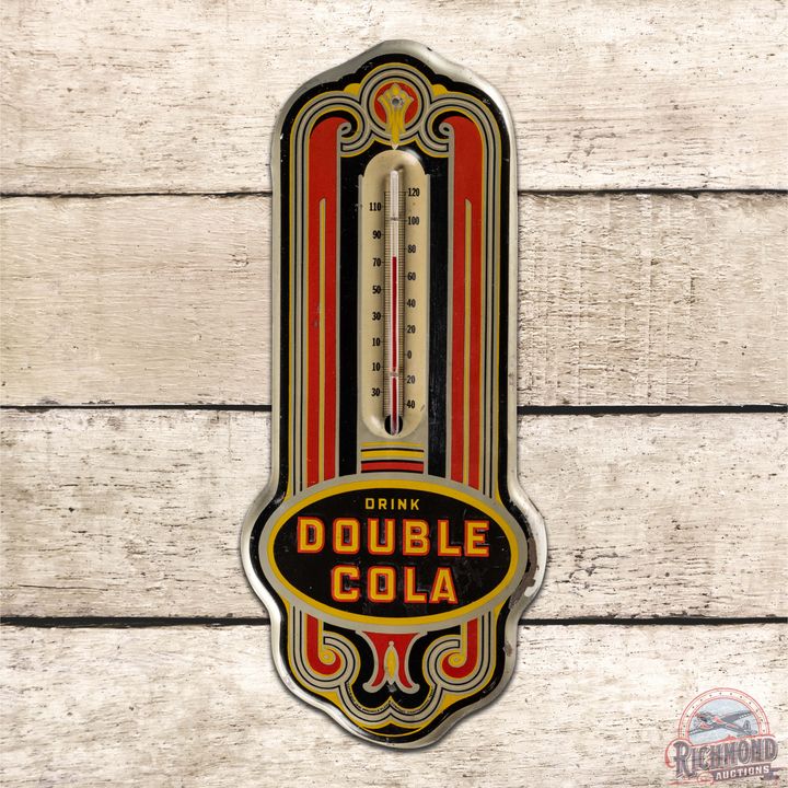 Scarce Drink Double Cola Art Deco Single Sided Tin Thermometer Sign
