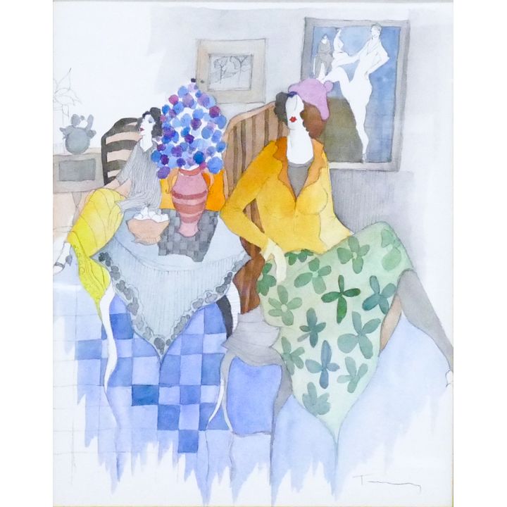 Itzchak Tarkey (Israeli) ''Lounging Women'' Watercolor
