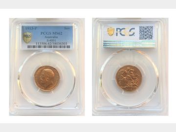 1913 King George V Perth Mint Gold Sovereign PCGS MS62