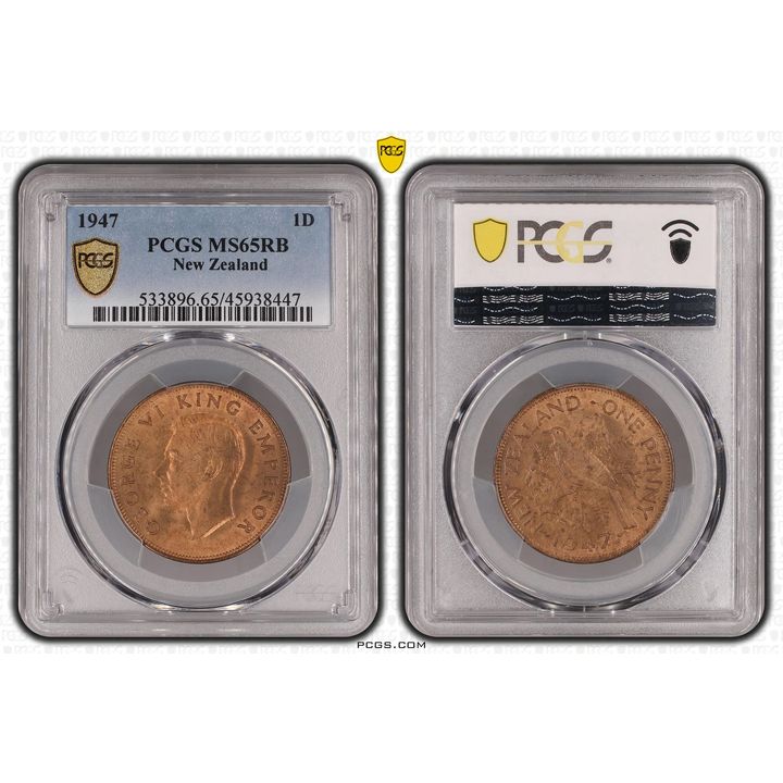 1947 New Zealand Penny PCGS - MS65RB POP 7/0 -447