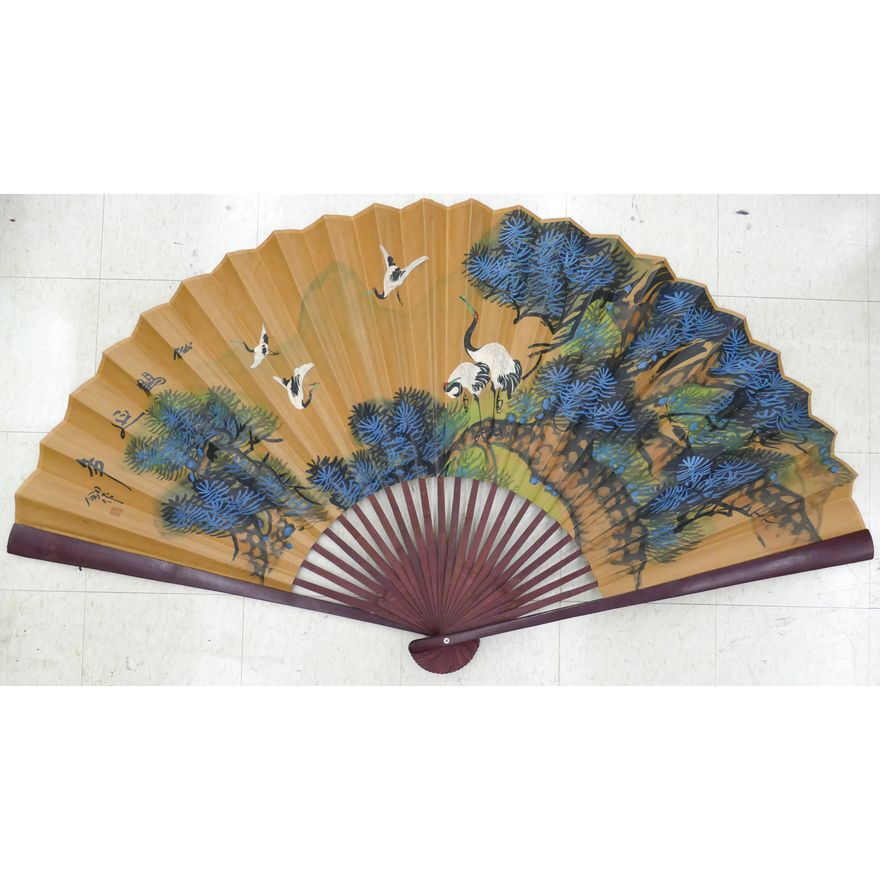 Old Japanese Large Painted Crane Hand Fan 36''