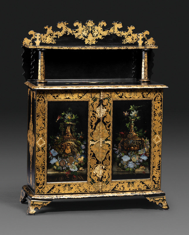 A Victorian Black Lacquered, Parcel Gilt and Mother-of-Pearl Inlaid Sideboard