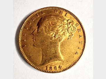 1864 VICTORIA SHIELD # DIE 95 GOLD SOVEREIGN