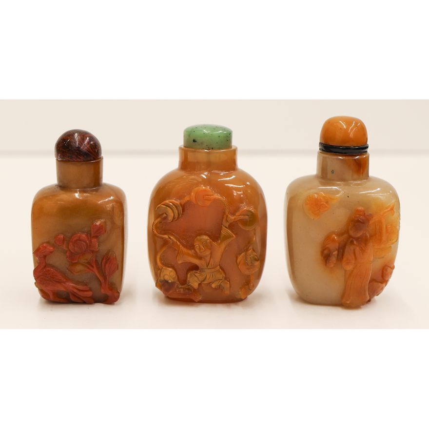 3pc Chinese Relief Carved Agate Snuff Bottles