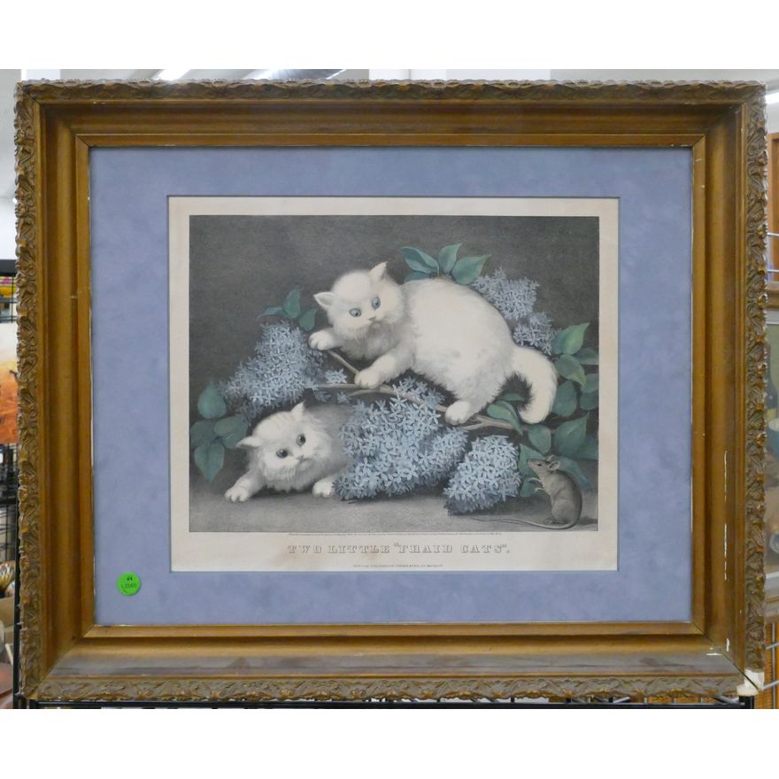 Antique Currier & Ives ''Two Little Fraid Cats'' Lithograph Framed 19''x23''