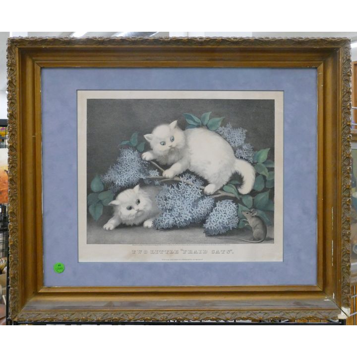 Antique Currier & Ives ''Two Little Fraid Cats'' Lithograph Framed 19''x23''