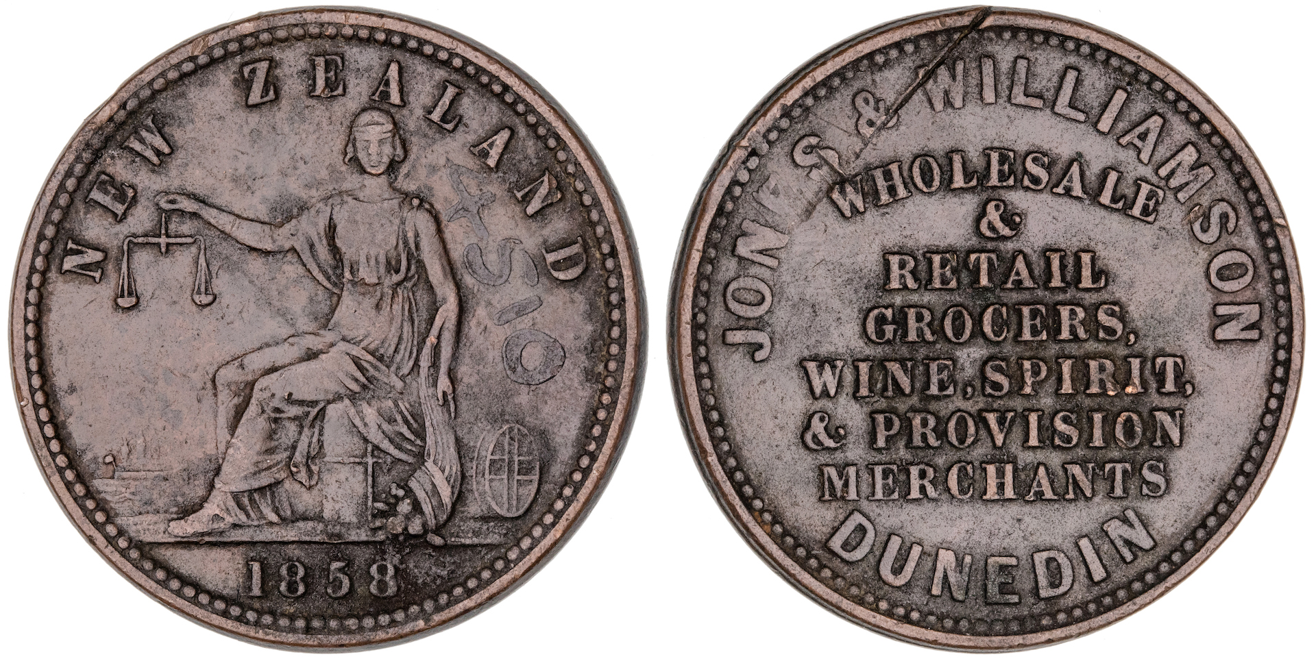 Dunedin, New Zealand, Jones & Williamson, Penny, 1858, gVF