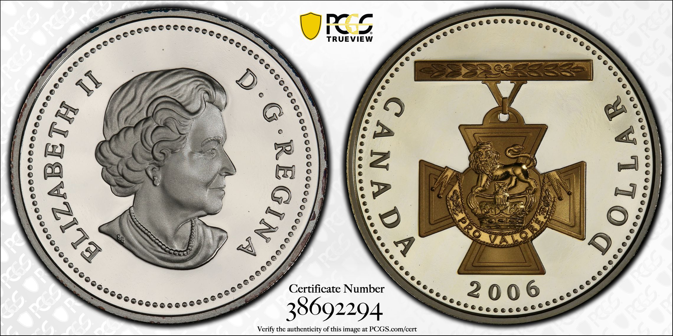 2006 Canada One Dollar, $1 Silver Proof Victoria Cross Gold Plated PCGS - PR69DCAM -294