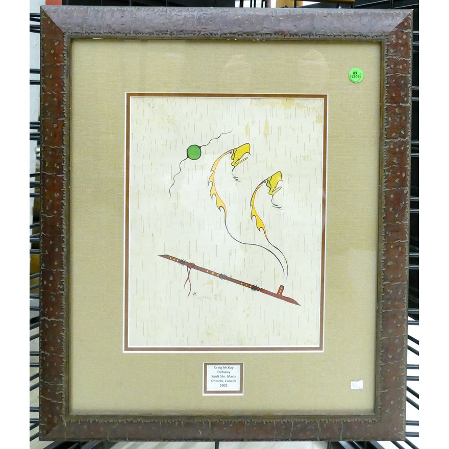 Craig McKay (Ojibway) Native Bark Painting Framed 23''x19''
