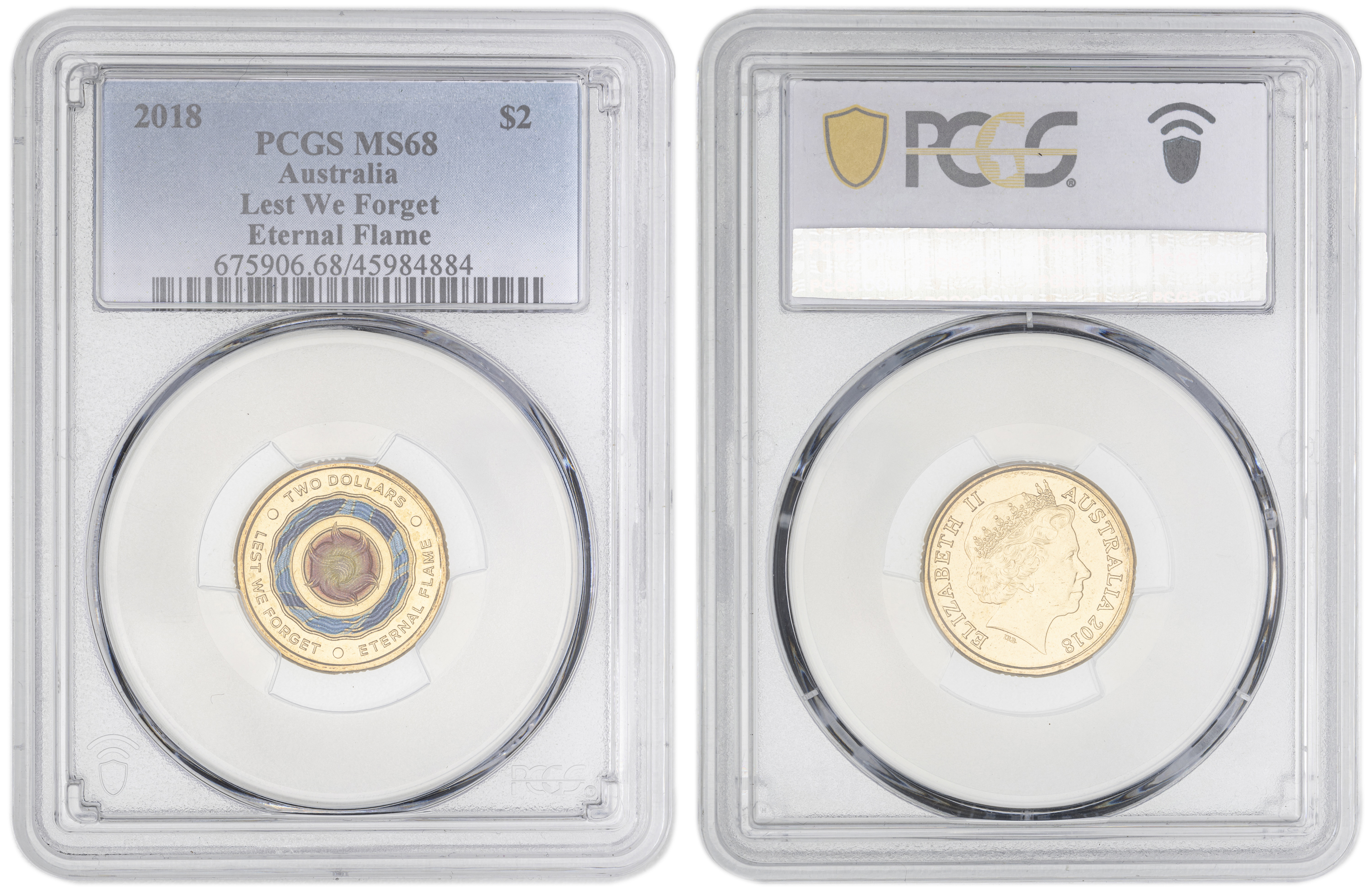 466 · Elizabeth II, Lest We Forget - Eternal Flame Colorized , Two Dollar, 2018, PCGS MS68
