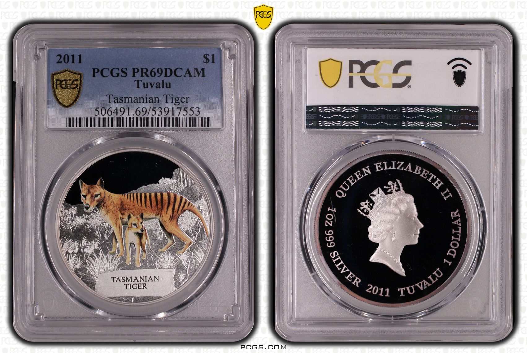 Tuvalu, Tasmanian Tiger, One Dollar, 2011, PR69DCAM
