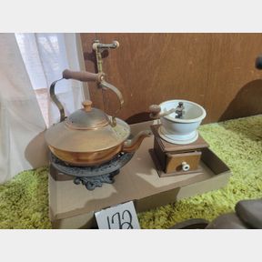 Copper Tea Pot, Cast Iron Stand and Coffee Grinder