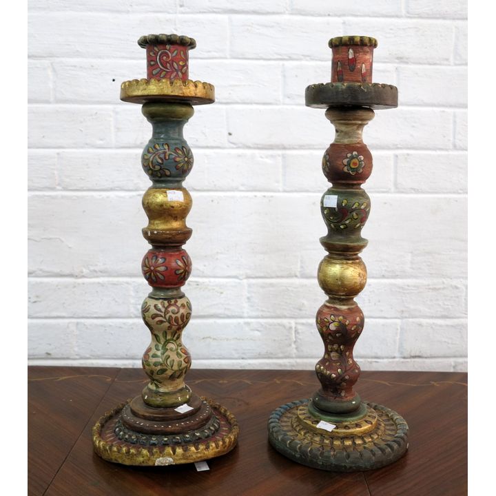 PAIR OF PAINTED WOODEN CANDLE HOLDERS