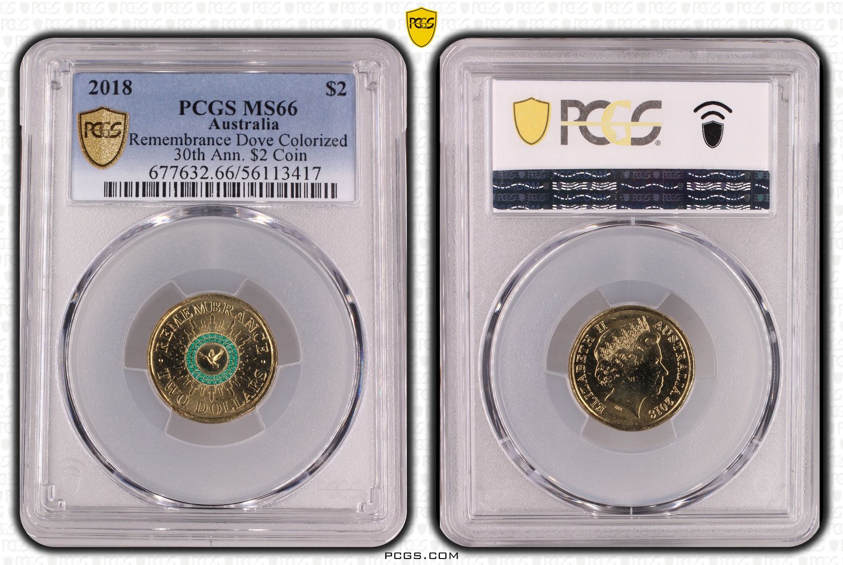 Remembrance Dove Colourised 30th Ann. $2 Coin, Two Dollar, 2018, MS66