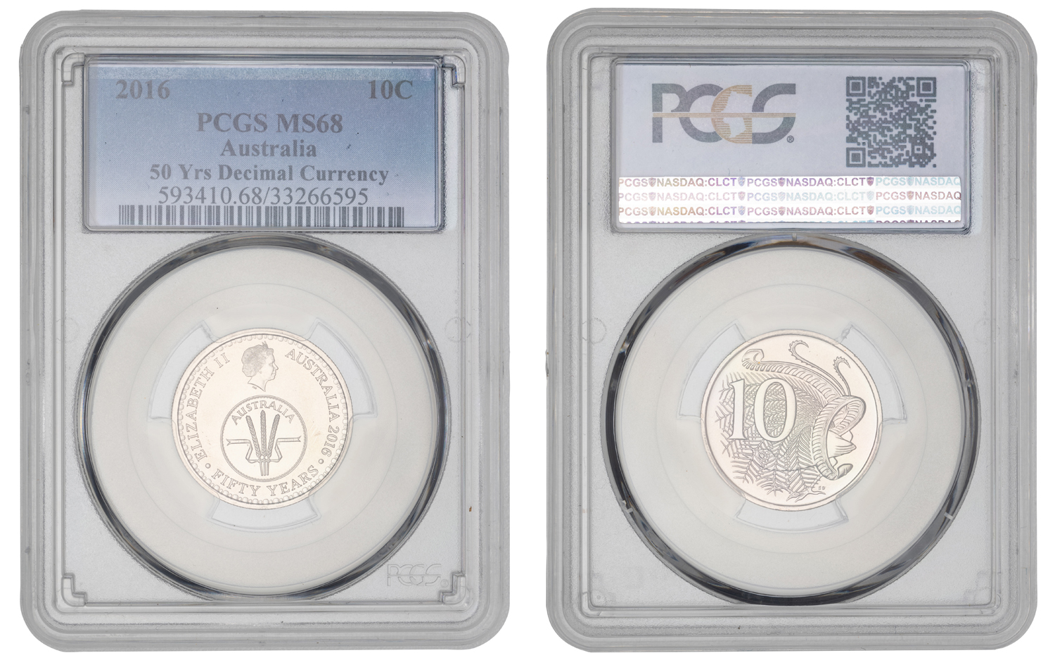 Elizabeth II, 50 Yrs Decimal Currency, Ten Cent, 2016, PCGS MS68